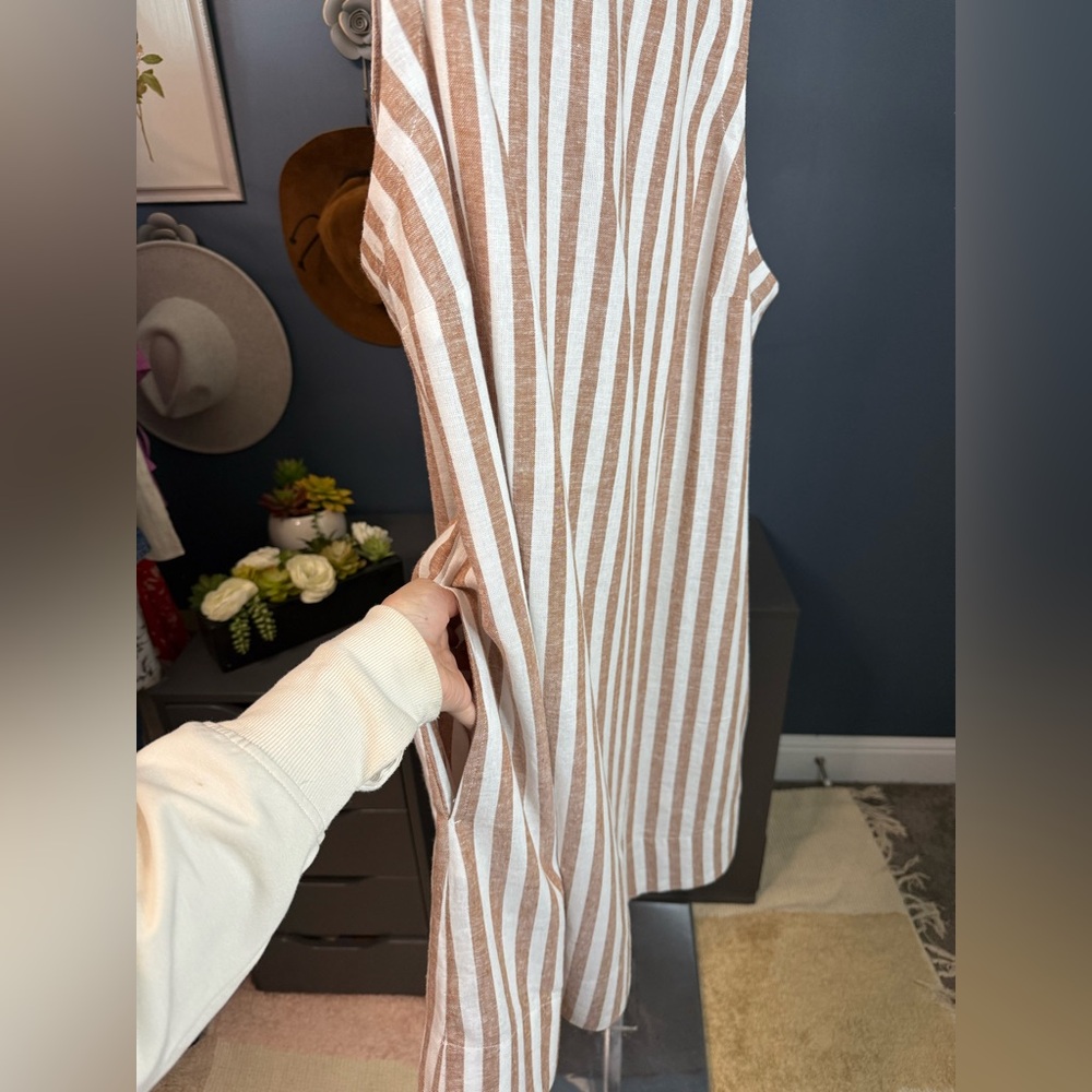 Old Navy Linen Blend Mini Dress XL Tan White Striped Sleeveless Casual Summer - Picture 5 of 8